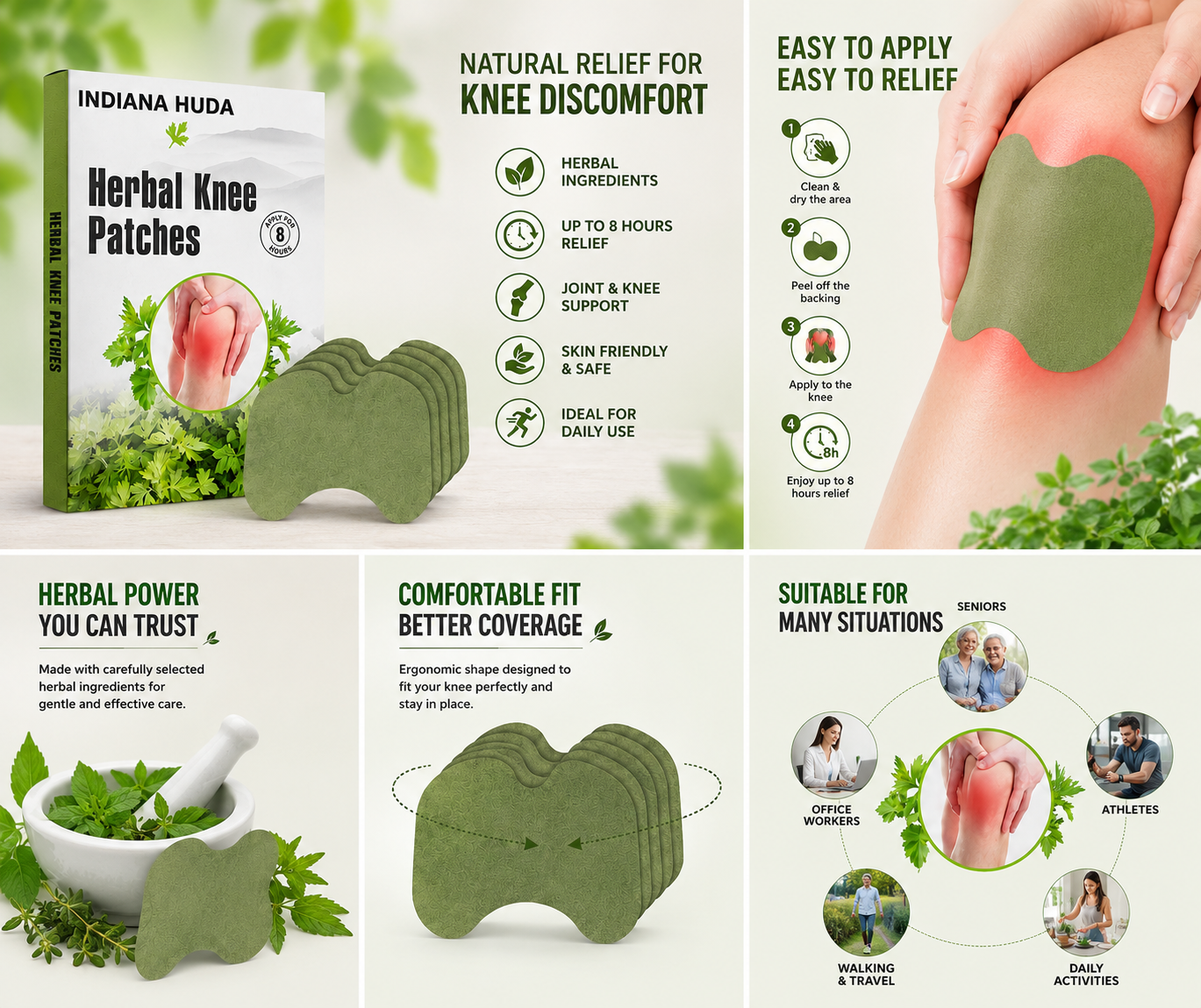 Indiana Huda Herbal Knee Patches ( Buy 1 Get 1 Free) 10 Pads– Natural Knee Pain Relief Patch for Joint Comfort, Muscle Relaxation & Daily Support (8-Hour Wear)