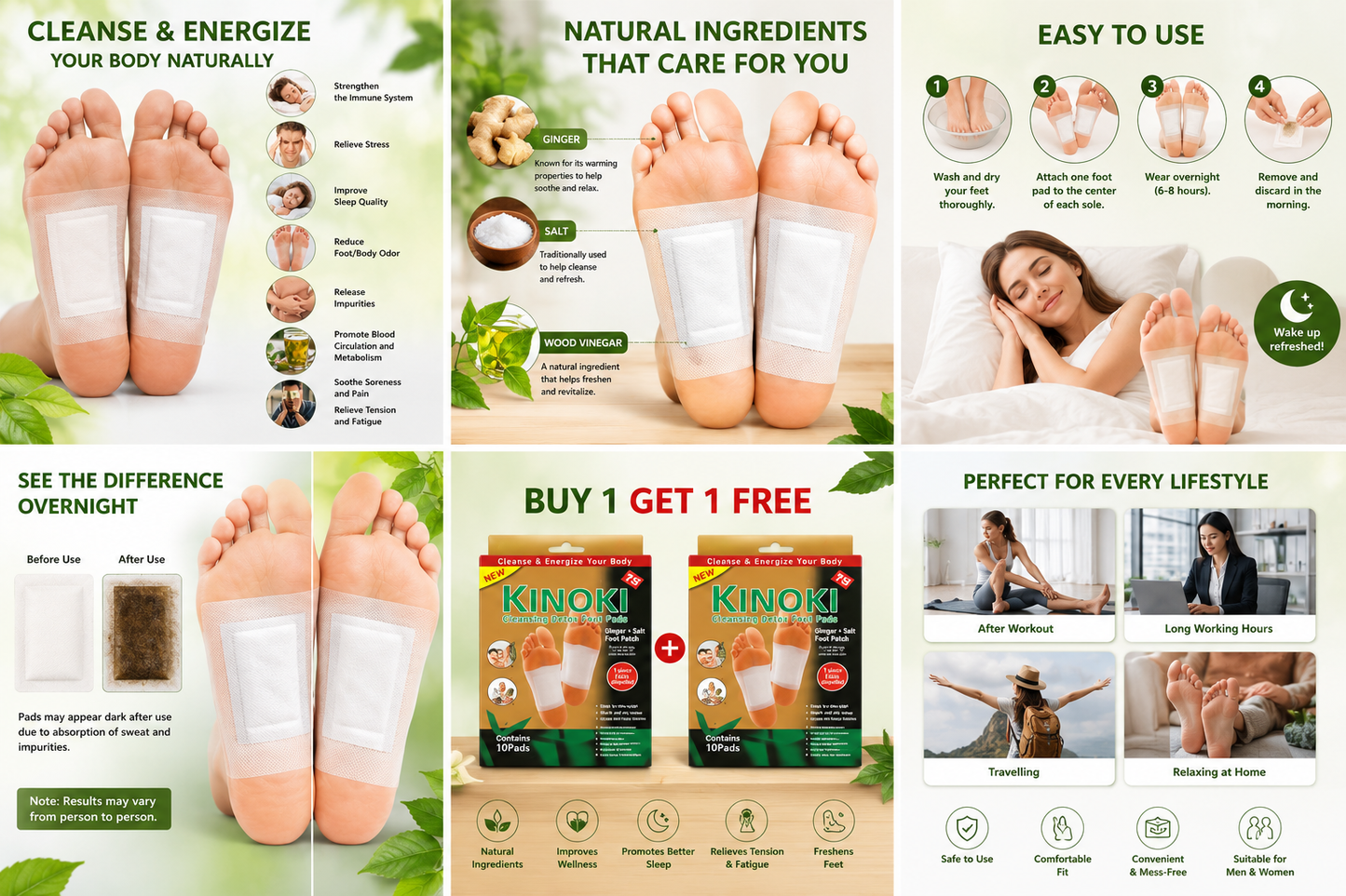 Kinoki Cleansing Detox Foot Pads – Natural Foot Patch for Relaxation, Foot Care & Overnight Wellness | 10 Pads | Buy 1 Get 1 Free