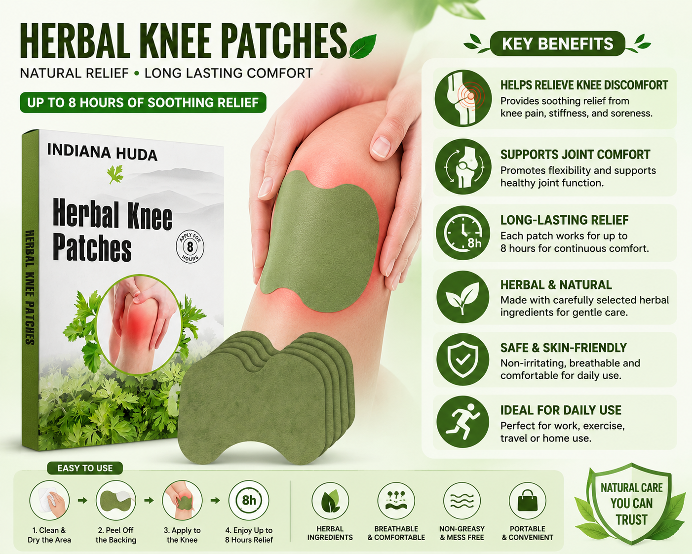 Indiana Huda Herbal Knee Patches ( Buy 1 Get 1 Free) 10 Pads– Natural Knee Pain Relief Patch for Joint Comfort, Muscle Relaxation & Daily Support (8-Hour Wear)