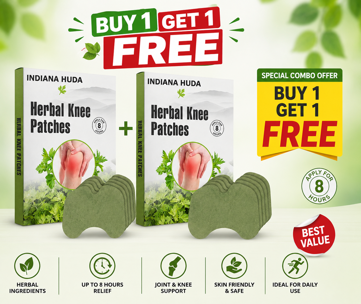 Indiana Huda Herbal Knee Patches ( Buy 1 Get 1 Free) 10 Pads– Natural Knee Pain Relief Patch for Joint Comfort, Muscle Relaxation & Daily Support (8-Hour Wear)