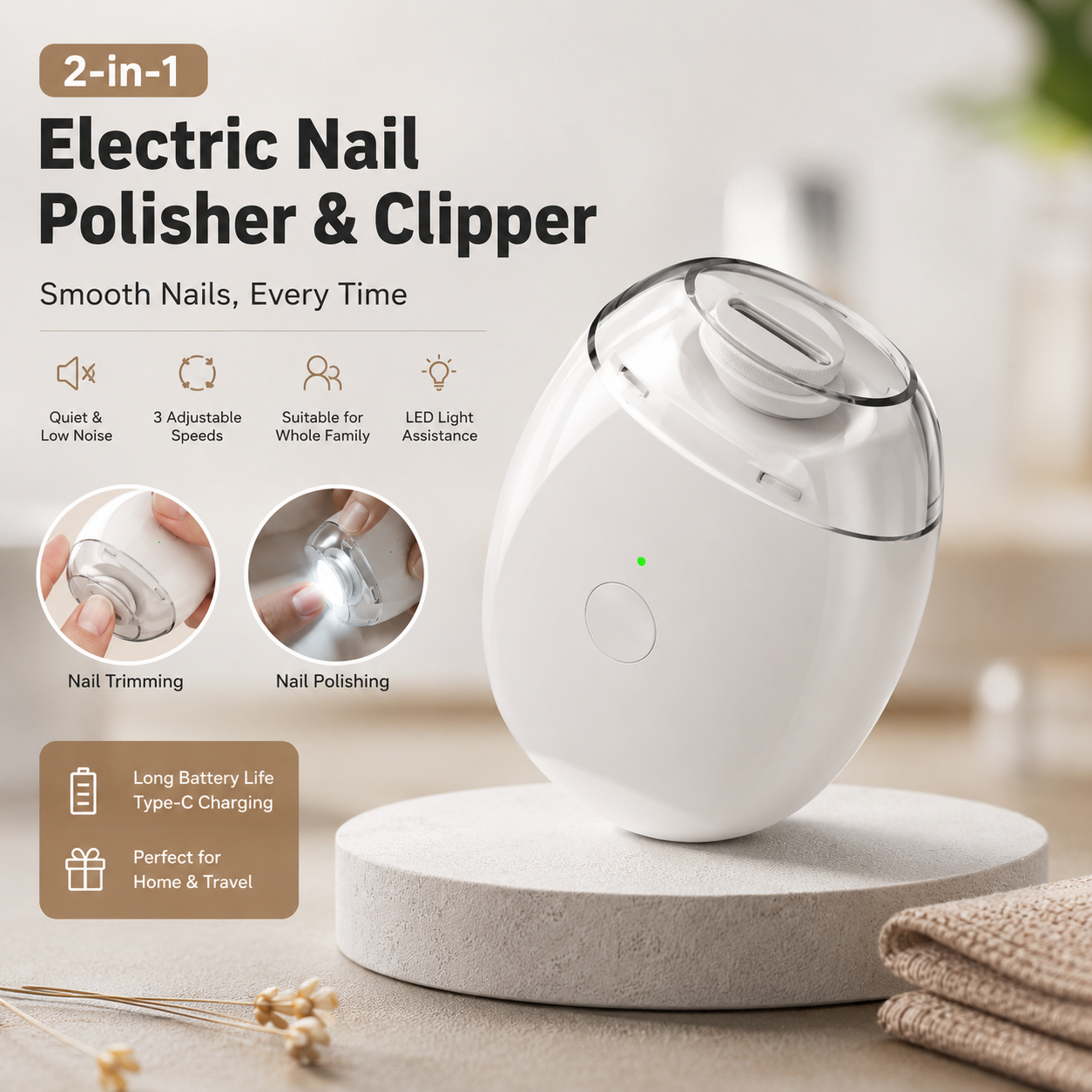 SafeCut 2-in-1 Automatic Electric Nail Clipper & Polisher with LED Light